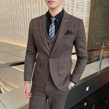 Boutique Suits (Blazer+ Vest + Pants) Men Fashion Hosting Work Business Wedding Casual Linen Art Style Elegant Gentleman's Suit