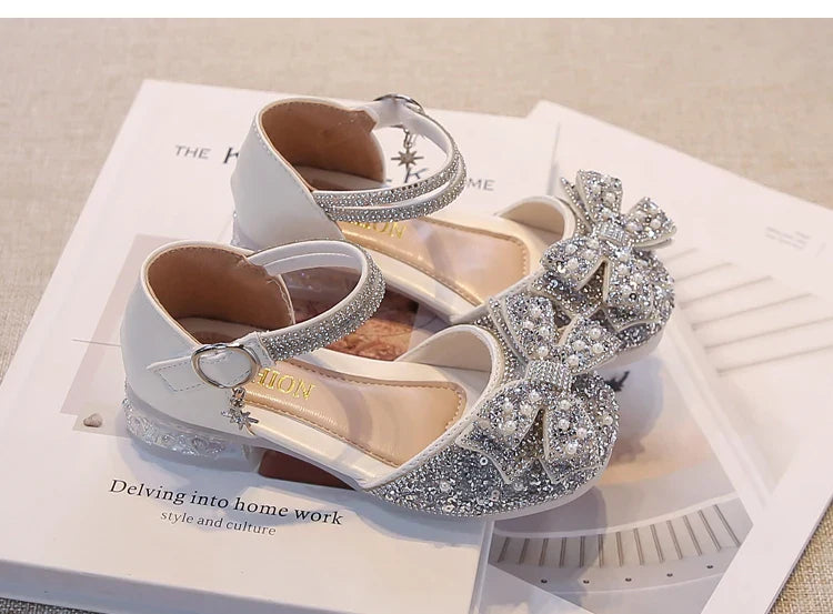 Kid's Sandals high Heels Pumps Rhinestone Bow Silver Party Breathable Shoes For Girl PU Leather Footwear for Kids Size 26-36