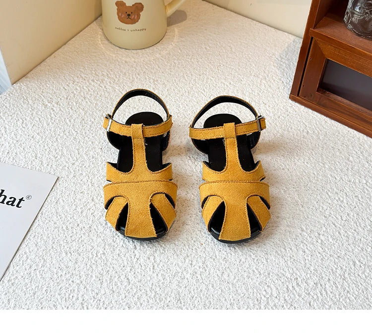 Kids Leather Cage Sandals for Girls 2025 Summer New Toddler Beach Shoes Non-slip Princess Elegant Retro Kid Garden Wedding Flats