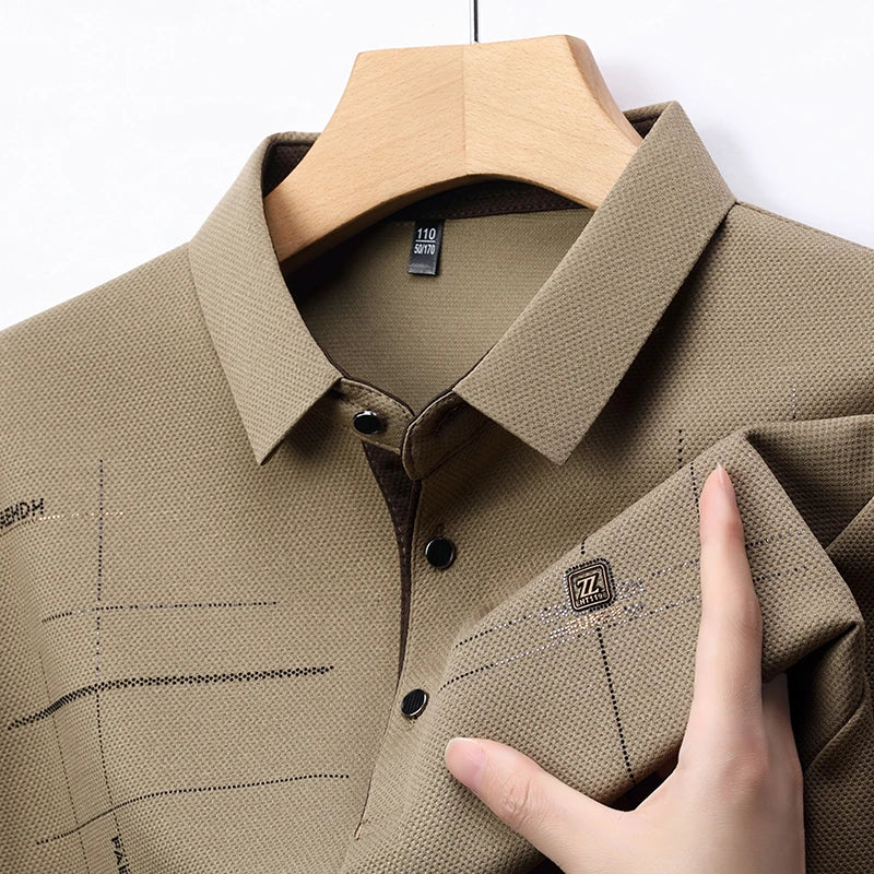 2025 Latest Autumn New Men's Long Sleeve Polo Shirt Middle Aged Business Comfortable Solid Color Men's Collar T-shirt