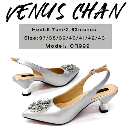 Latest Wedding Pointed Toe Women's Shoes High Heel White Color Rhinestones Party Ladies Shoes And Bag Set