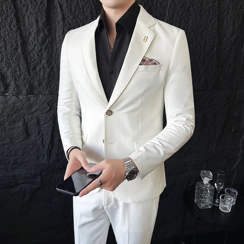 Men's Korean Style Slim Fit Suit Set, High Quality Fabric Solid Color Edge Pressing for Wedding Business