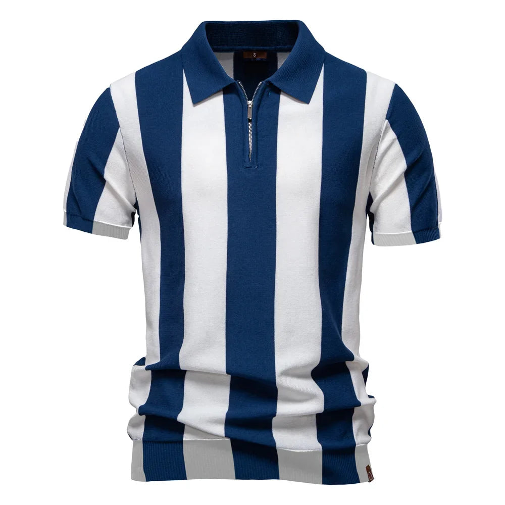 2025 New Summer Men's Breathable Striped Contrast Panel Polo Shirt - Casual Short Sleeve Knit Shirt with Comfort Fit
