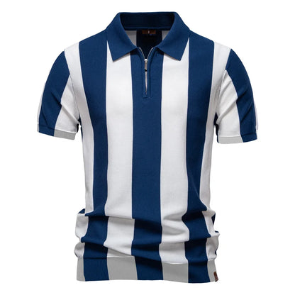 2025 New Summer Men's Breathable Striped Contrast Panel Polo Shirt - Casual Short Sleeve Knit Shirt with Comfort Fit