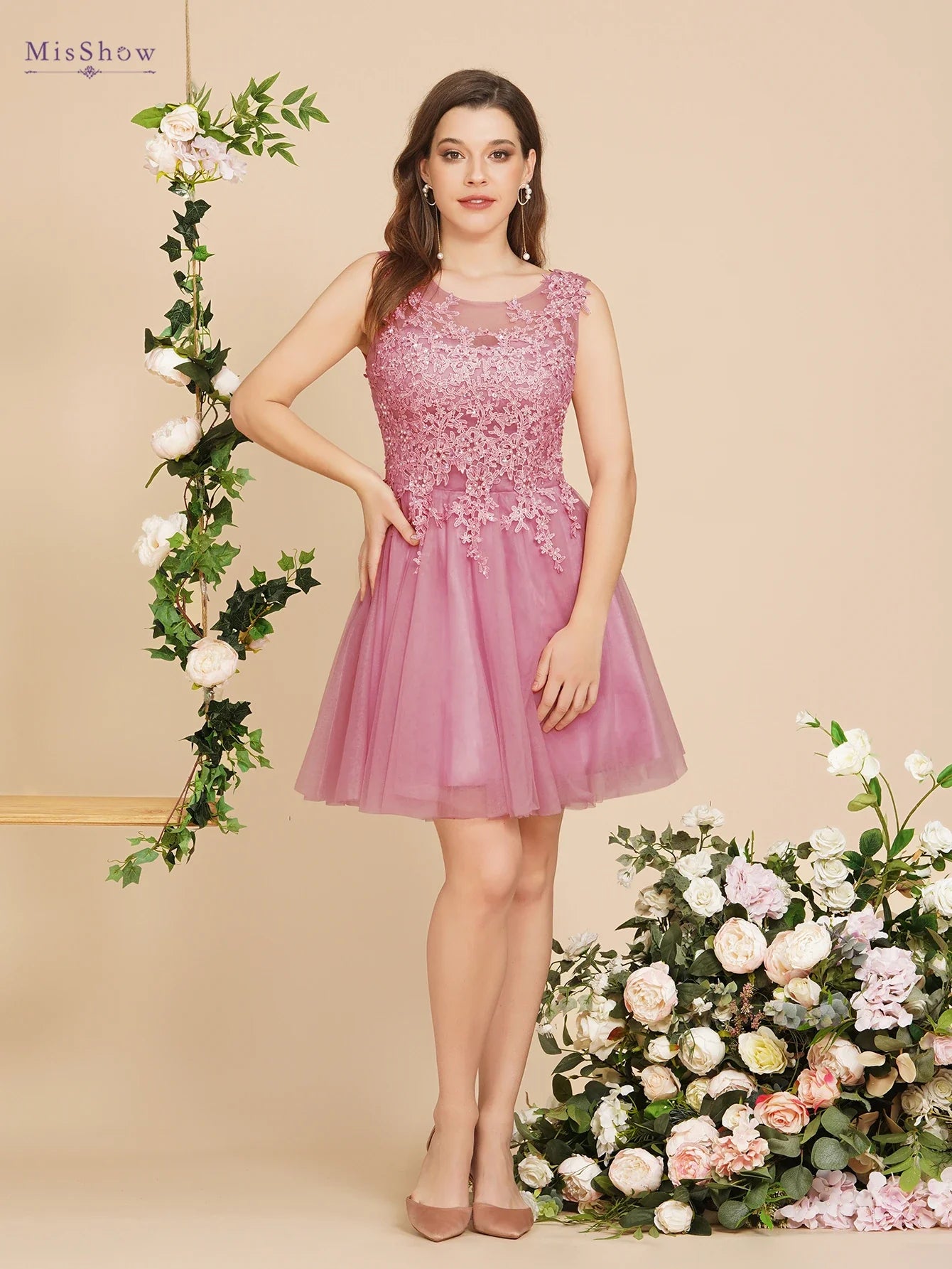Dusty Pink A Line Short Cocktail Dreses Tulle Appliques Scoop Neck Graduation Homecoming Evening Formal Prom Party Gown Vestido