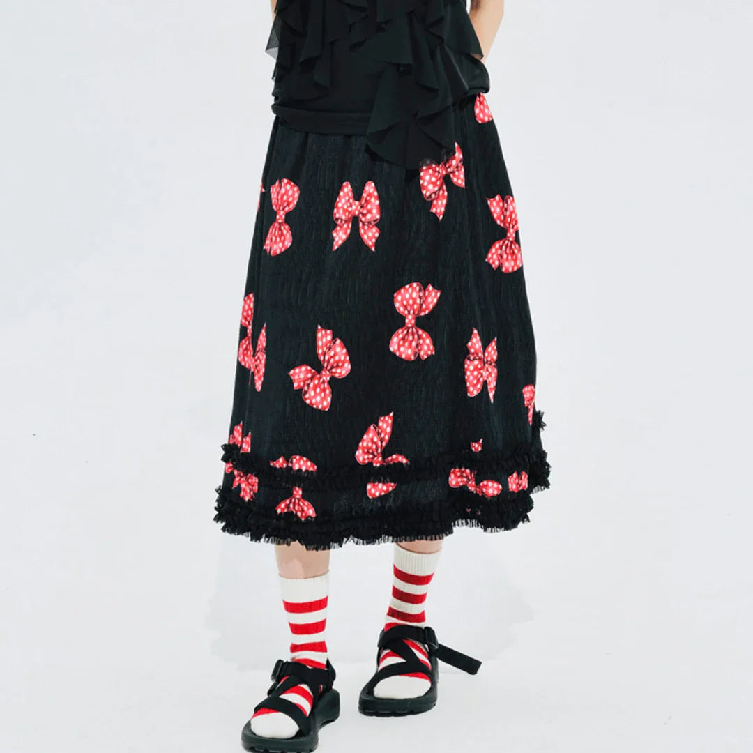 Original design bow pleated lace stitching elastic waist skirt for women 244659