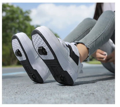 Autumn 2025 Kids Walking Shoes Detachable Double Wheel Roller Skates Boy Leather Student Shoe Four Wheeled Children Shoes Girl