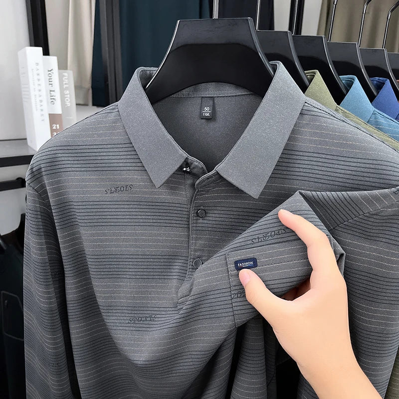 2025 long sleeved men's spring and autumn collar striped pullover top with loose pockets polo shirt