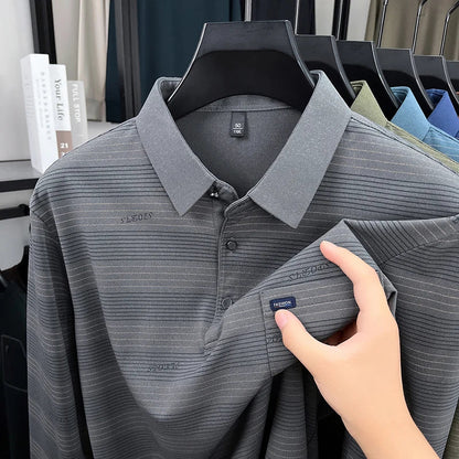 2025 long sleeved men's spring and autumn collar striped pullover top with loose pockets polo shirt