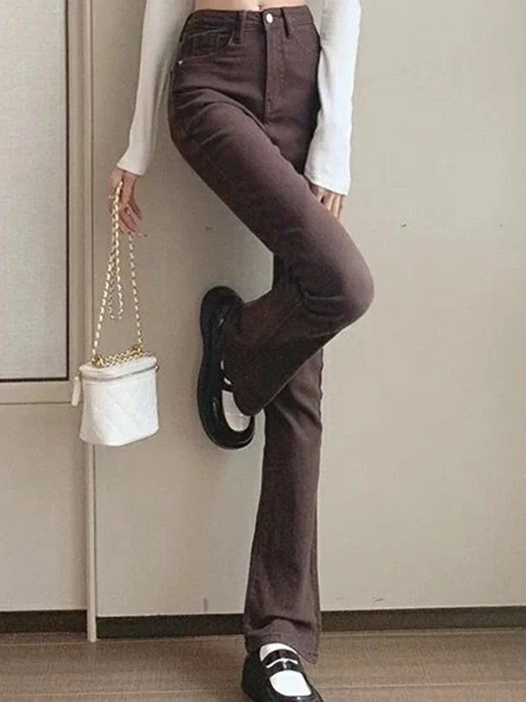 High Waist Elastic Boot Cut Pants Denim Bell Bottom Trousers