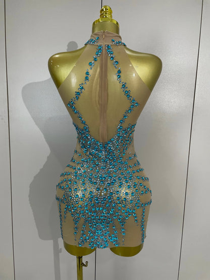 STOCK Sparkly Rhinestones Sexy Mesh See Through Dress Party Evening Prom Celebrate Birthday Dress Singer Dancer Show Stage Wear