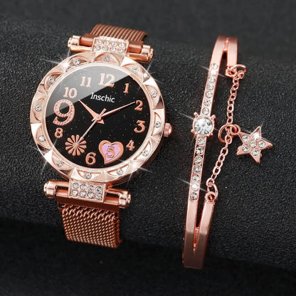 2PCS Fashion Women's Watches Set Magnet Buckle Mesh Strap Analog Quartz Watch Star Bracelet Set Reloj Mujer