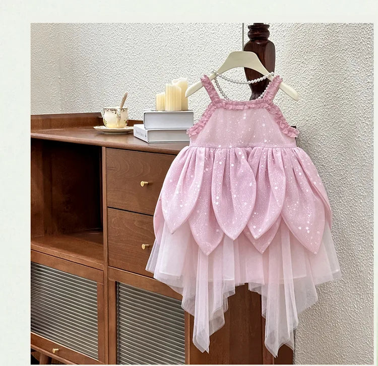 Girls Dress 2025 Summer New Flower Fairy Princess Strap Dress Super Fairy Children Birthday Princess Dress