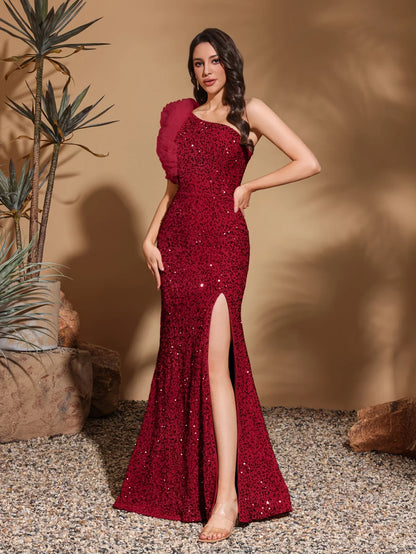 Sequined off-shoulder mesh splicing decorated slit dress