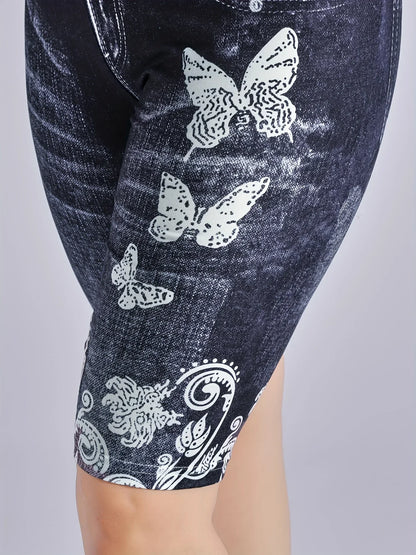 Lmitation Denim Leggings For Women Butterfly Waist Fruit Flower Elastic Shorts High Waist Casual