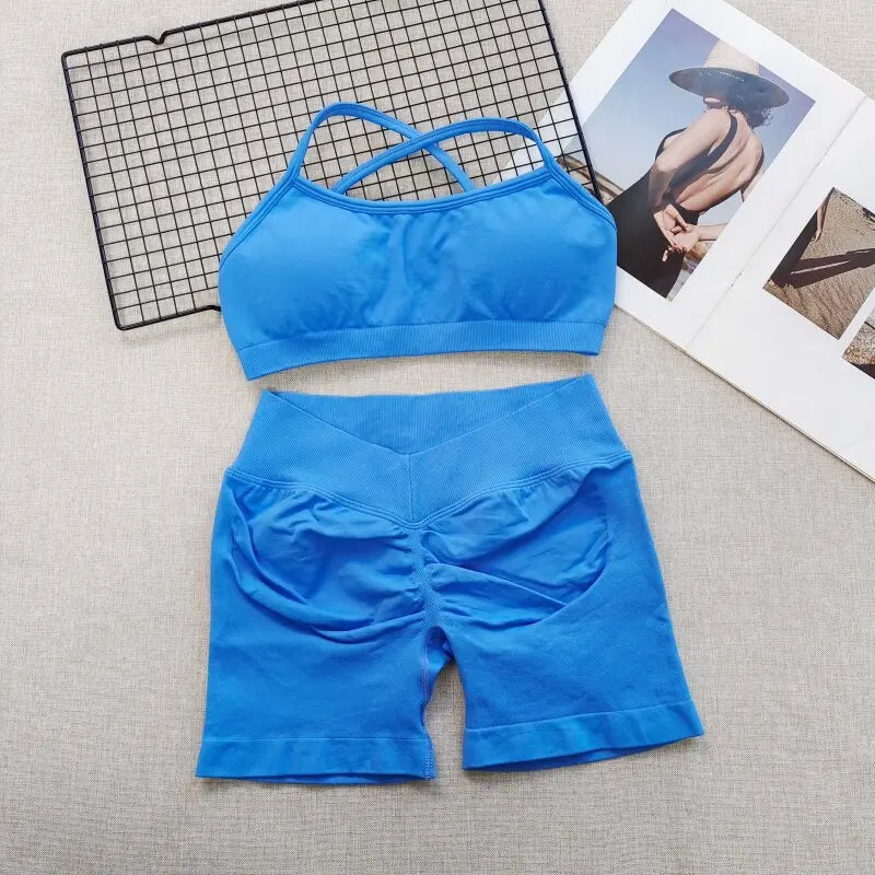 Women's Seamless Quick Dry Fitness Set Sports Bra And Hip Lifting V-Waist Yoga Shorts Pilates Training Clothing Gym Set