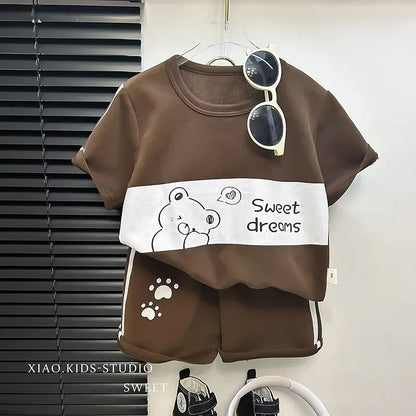 2026 New Kids Short Sleeve Suit Striped Girls Boys Set Summer Tops +short Baby Clothes Children's Wear