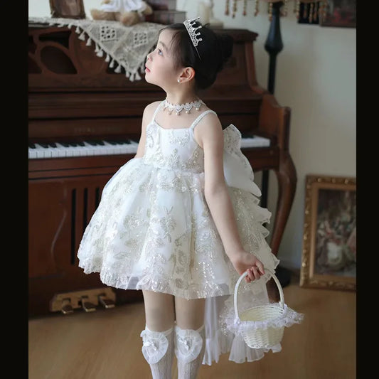 Vestido Longo Lolita Princesa para Meninas com Cauda para Festa de Aniversário, Apresentação de Palco - Miçangas Brilhantes e Conjunto Completo de Acessórios