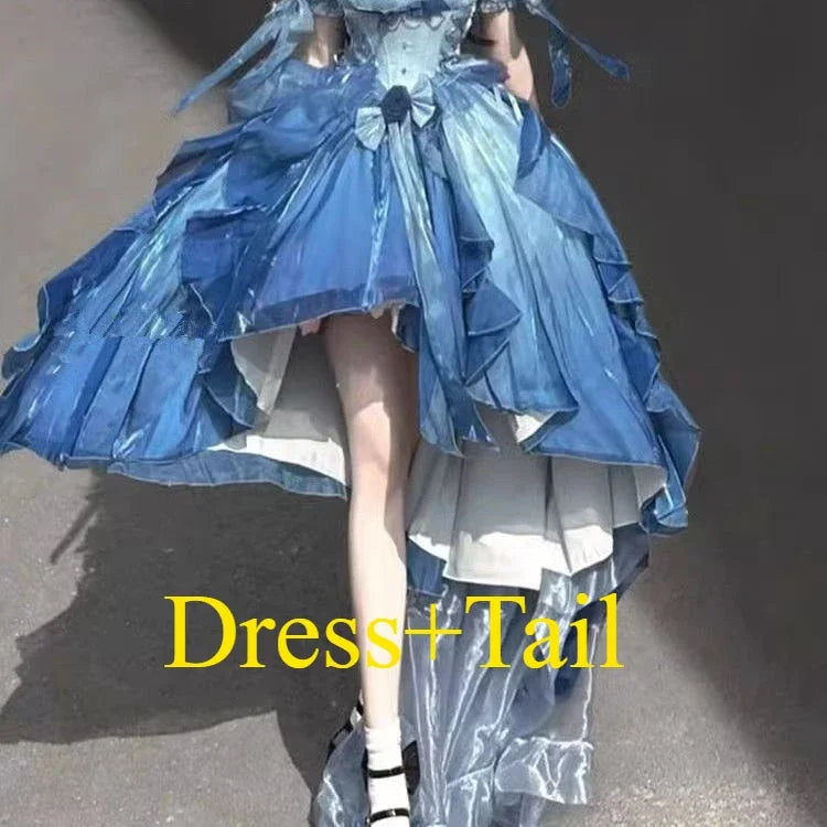 Original Lolita Trailing Puffy Dress Women Short Front Long Back Princess Blue Flower Wedding Dress Elegant Off Shoulder