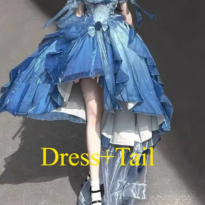 Original Lolita Trailing Puffy Dress Women Short Front Long Back Princess Blue Flower Wedding Dress Elegant Off Shoulder