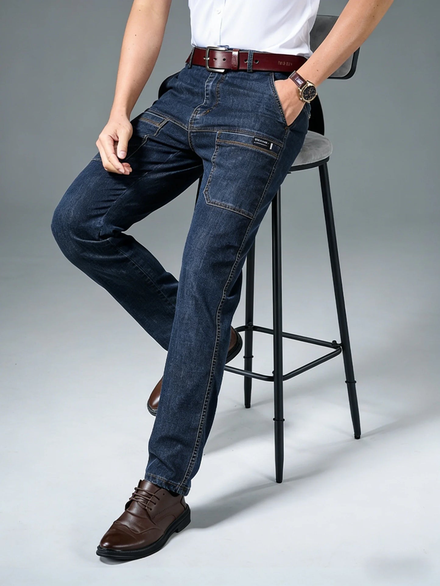 Men's retro workwear jeans, slim fit straight leg with multiple pockets, micro elastic versatile casual pants