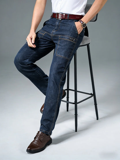 Men's retro workwear jeans, slim fit straight leg with multiple pockets, micro elastic versatile casual pants