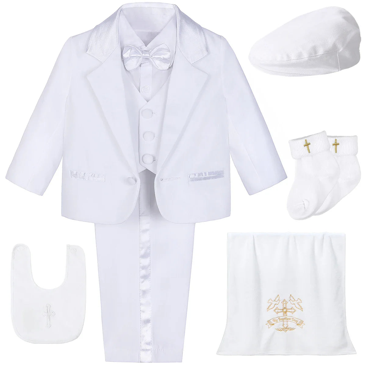 Baby Boy Baptism Outfit Infant White Christening Suit with Hat Toddler Wedding Birthday Party Clothing Long Sleeved Tuxedo 5PCS