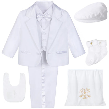 Baby Boy Baptism Outfit Infant White Christening Suit with Hat Toddler Wedding Birthday Party Clothing Long Sleeved Tuxedo 5PCS