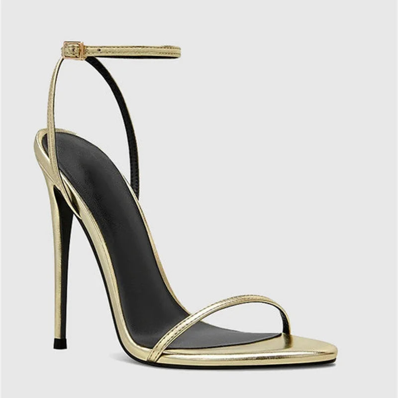 New Red High Heel Sandals with Women's Thin Heel, Metal Leather Strap, Black Sexy, Open toed Style, Foot Ring33-46