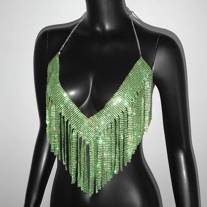 Bling Rhinestones Tassel Party Crop Top Woman Fashion Halter Neck Backless Design Full Diamond Sequins Nightclub Clubwear