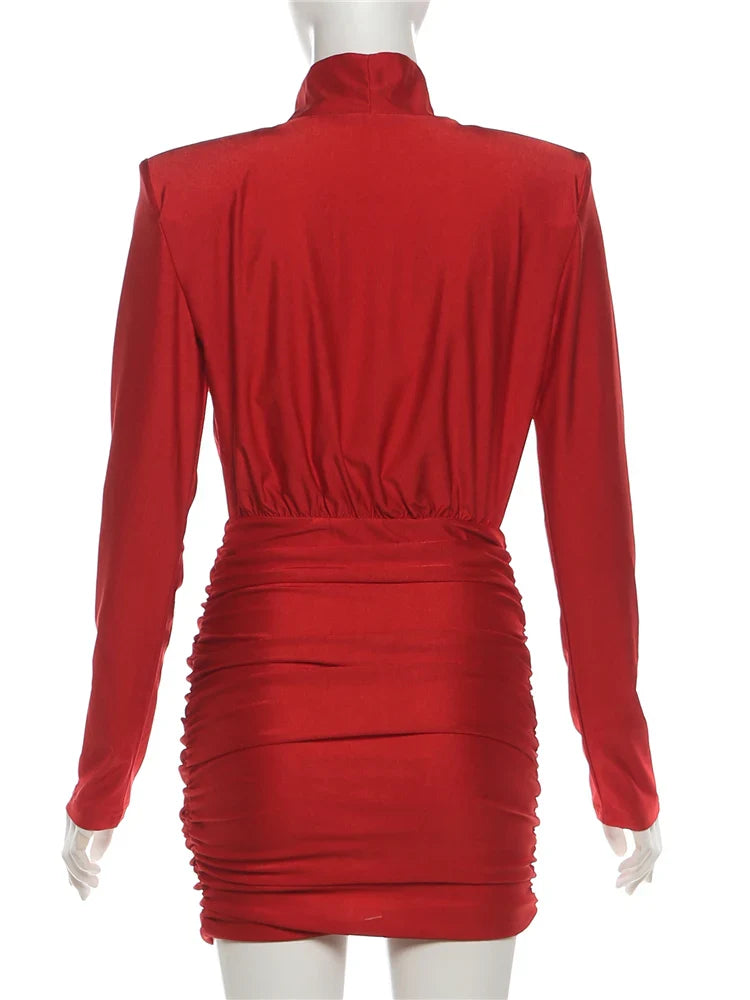 Classic Turtleneck Dress Women Shoulder Padded Ruched Sexy Office Commute Simple Peach Hip Skinny Elegant Mini Bodycon