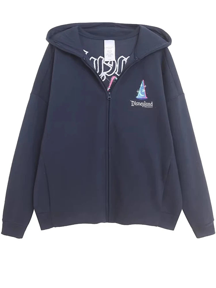 Moletom de Lã Bordado com Estampa de Desenho Animado do Castelo Mundial Letra Mágica Mickey Mouse Feminino com Zíper e Capuz VELUDO Blusa