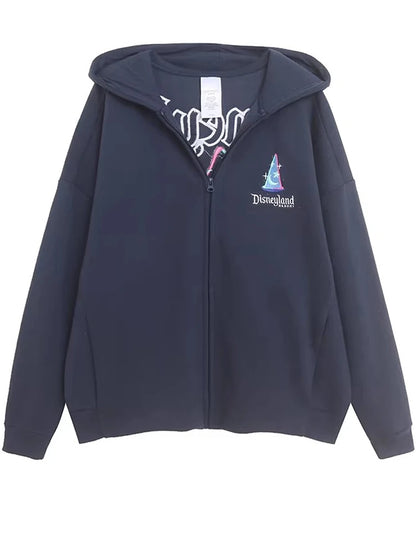Moletom de Lã Bordado com Estampa de Desenho Animado do Castelo Mundial Letra Mágica Mickey Mouse Feminino com Zíper e Capuz VELUDO Blusa