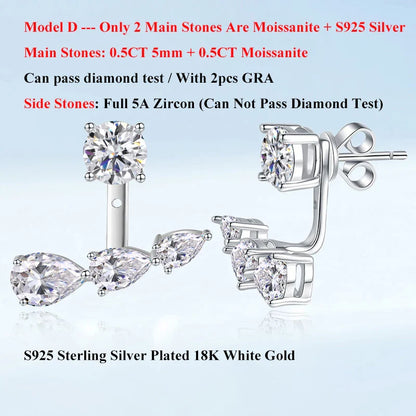 2 in 1 0.5CT Round Brilliant Cut D Color Moissanite Stud Earrings for Women S925 Silver GRA Certified Pierced Earring Gift