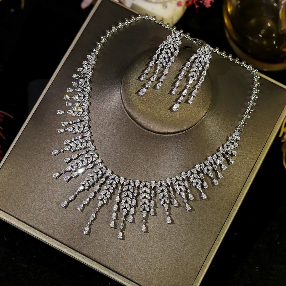 New CZ Design African Bridal Jewelry Set Fashion Leaf Shape Fringe Zircon Necklace 2-piece Set Women's Wedding Party Accessories