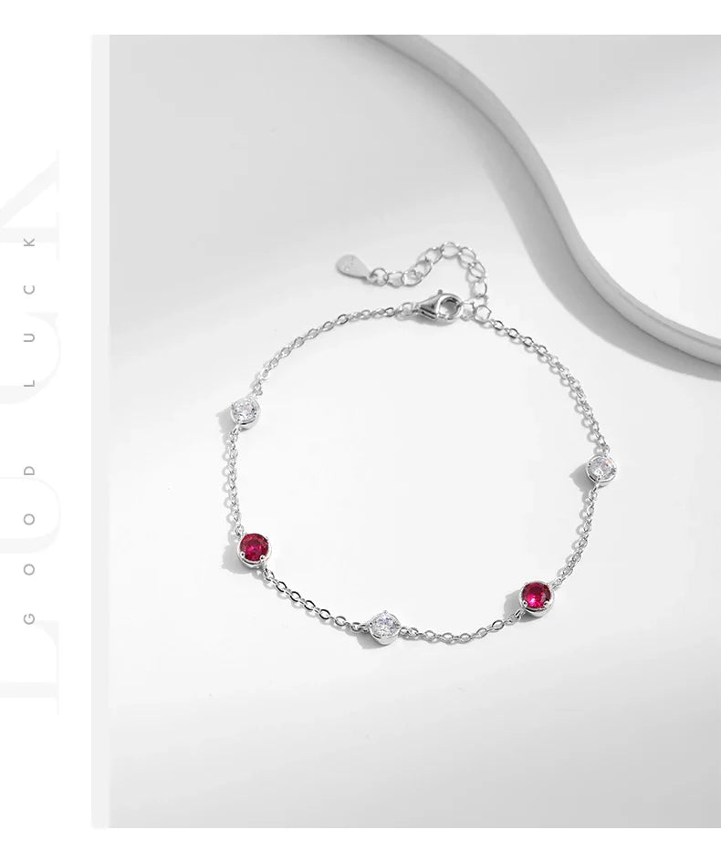 925 Sterling Silver Dazzling Prong Setting Round Red CZ Bracelet Link Chain Adjustable For Women Party Fine Jewelry Gift
