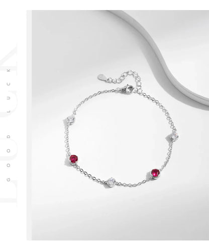 925 Sterling Silver Dazzling Prong Setting Round Red CZ Bracelet Link Chain Adjustable For Women Party Fine Jewelry Gift