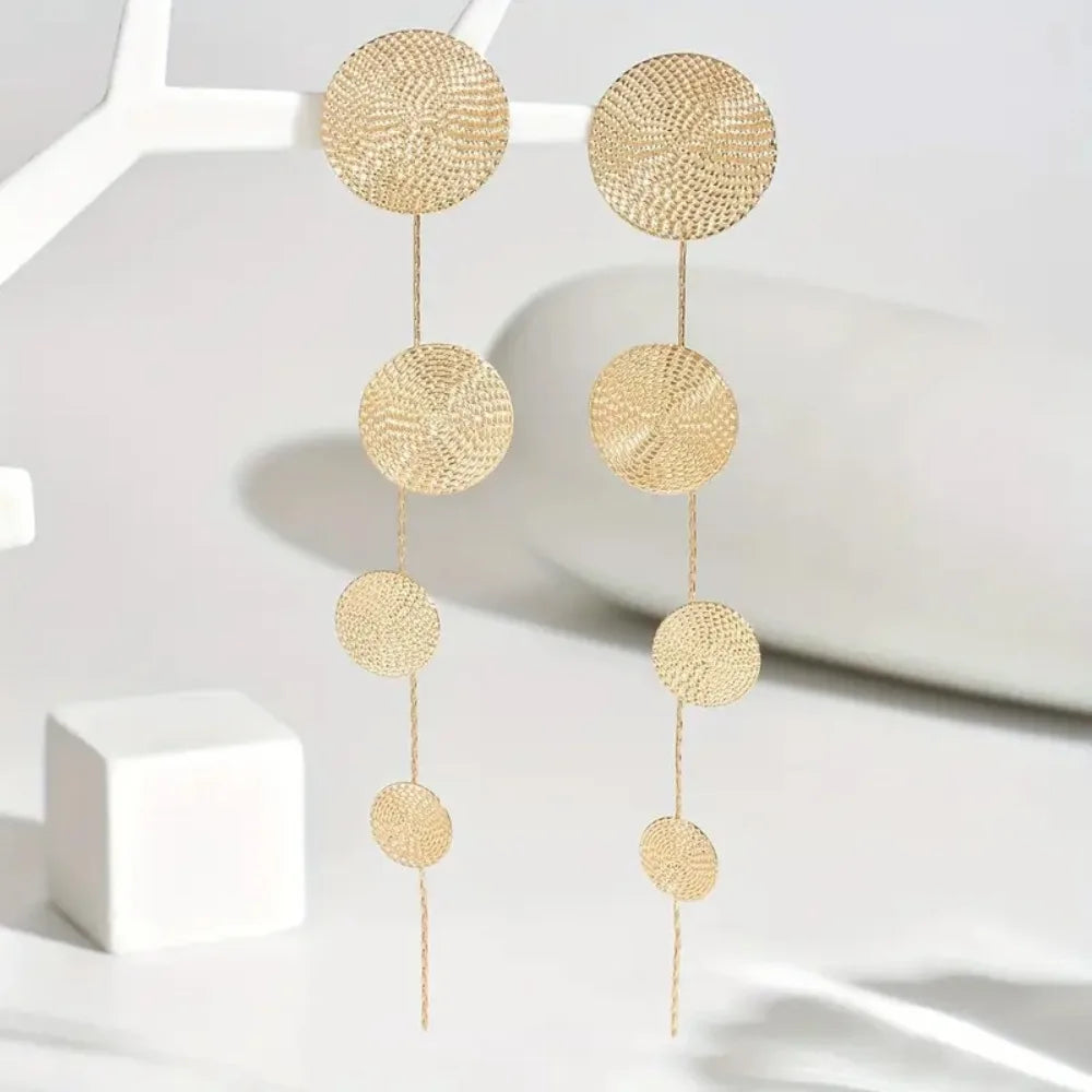 Temperament Fashion Metal Hammering Pattern Geometric Circular Long Tassel Creative Spliced Stud Earrings for Women Jewelry Gift