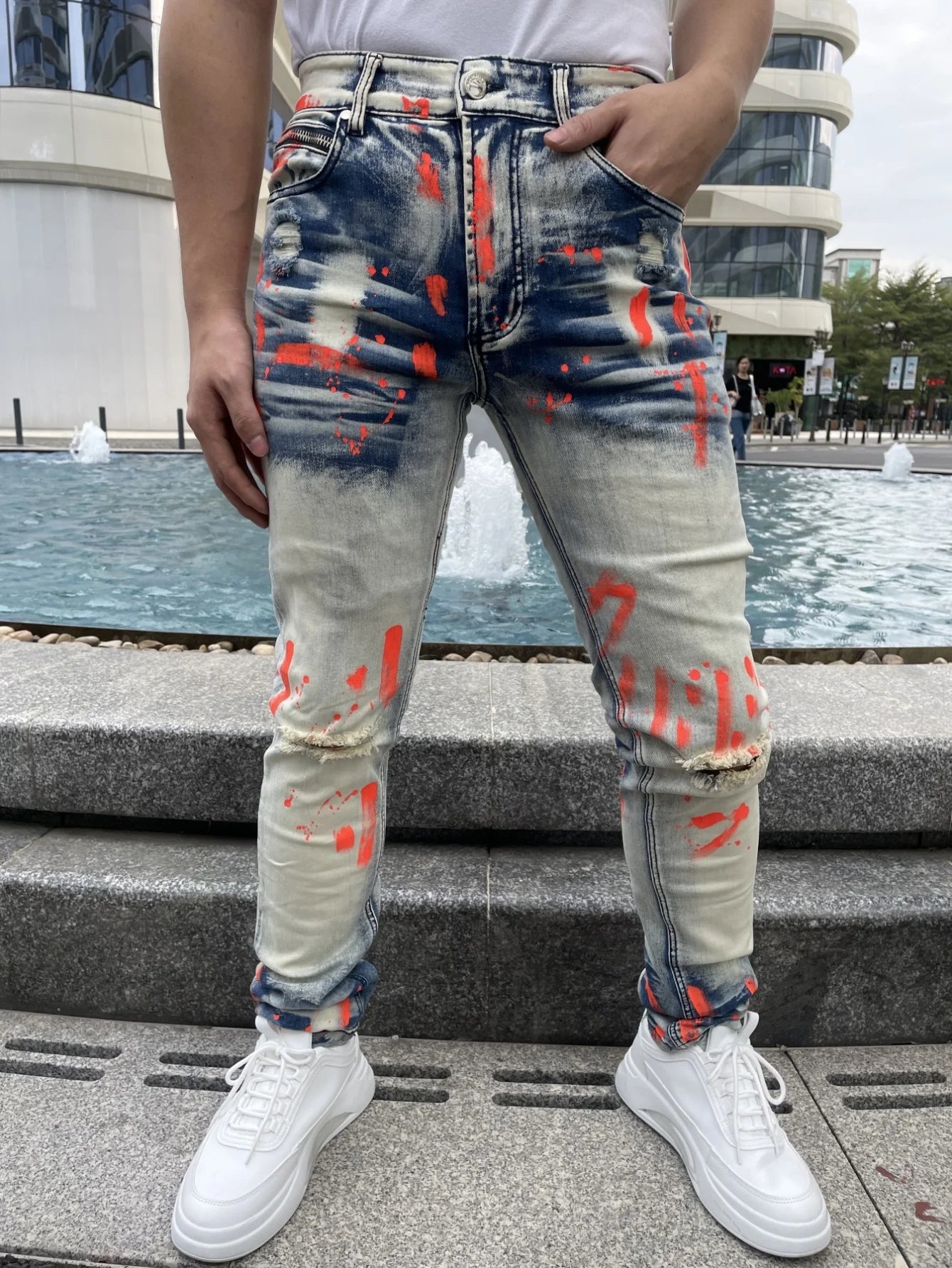Men's Y2K-Style Denim Pants With Hand Drawn Colorful Tear Stop Pattern Design  Best Selling Product  Free Shipping Included