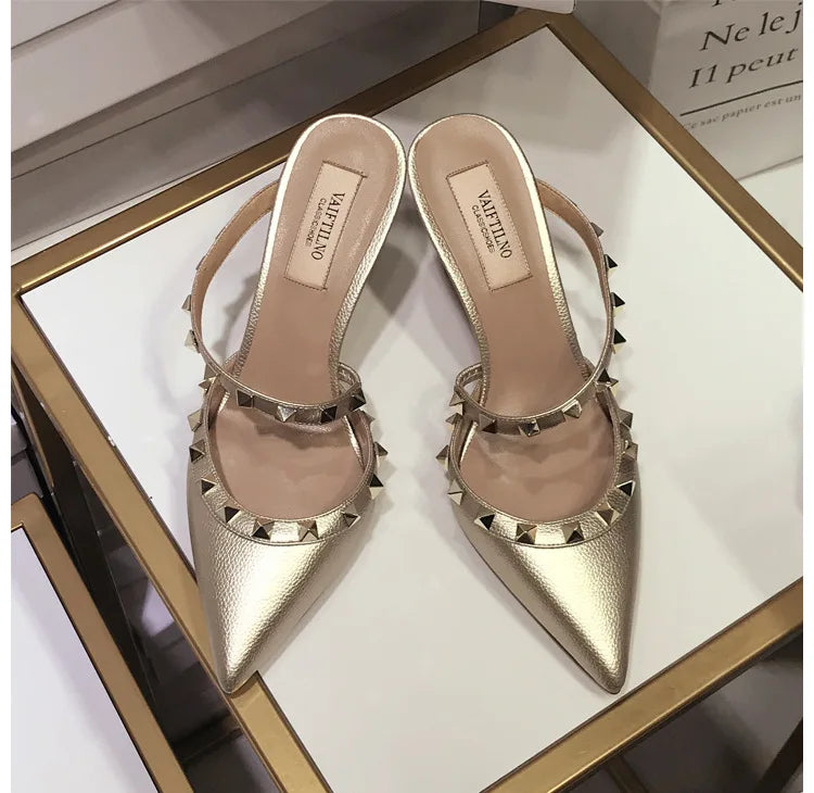 2025 New Genuine Leather Gladiator Pumps Sandals Luxury Metal Rivets Summer Women Outdoor Slippers Black Fashion High Heels 41