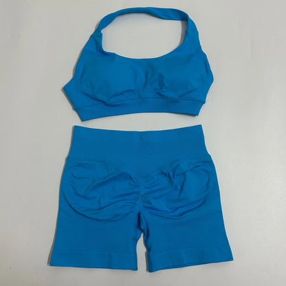 Yoga Shorts Set Seamless Yoga Set Workout Scrunch Shorts Sets Halter Sports Bra Scrunch Shorts Fitness Clothes Gym Suit