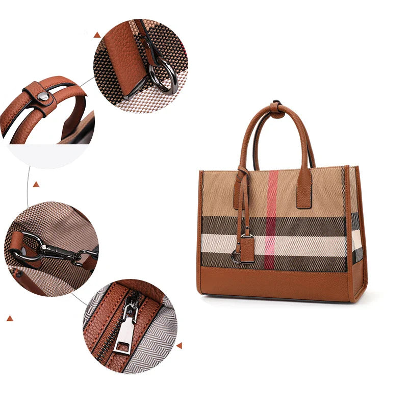 Fashion Plaid Canvas Women's Handbag Classic Versatile Large Capacity Cowhide Single Shoulder Crossbody Bag