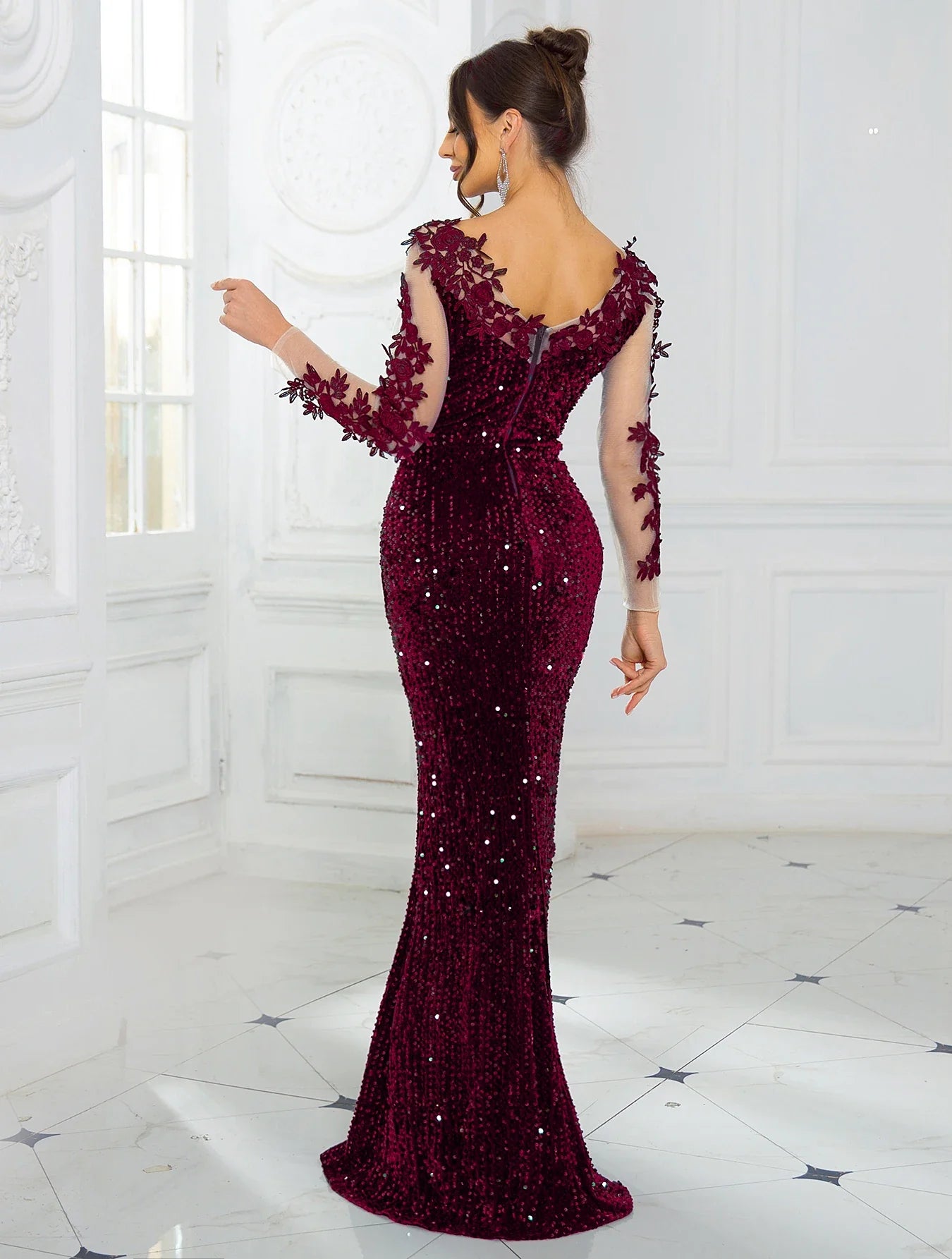 O Neck Long Sleeve With Flowers Sequin Evening Party Dress Elegant Women Sexy Backless Formal Prom Dresses