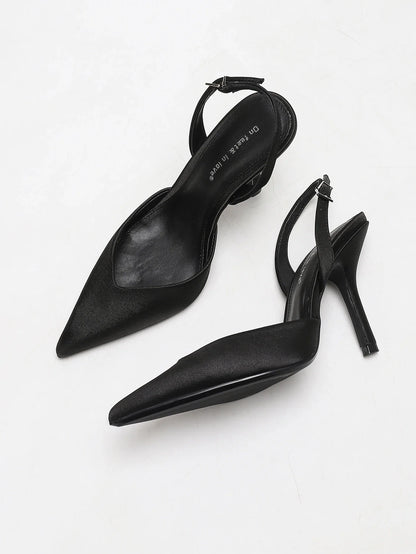 Women's Ivory Satin Pointed-Toe Slingback Heeled Sandals