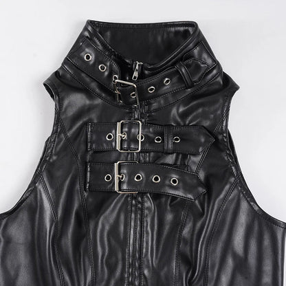 Retro Punk Pu Leather Vest With Sleeve Cover Women Gothic Black Sleeveless Turtleneck Top Y2k Metal Decorative Clothing
