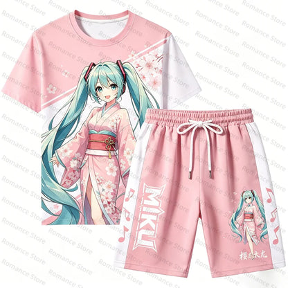 Hat sune miku 2Pcs Set Anime T-shirt Shorts Summer Casual Streetwear Sakura Loose Outfit For Men Women t-shirt Cosplay Kids Set