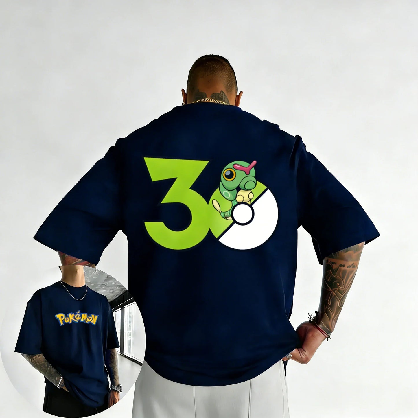 30th Anniversary Caterpie Printed T-shirt Summer New Men's and Women's Loose Casual Hip Hop Trendy Short Sleeve Top