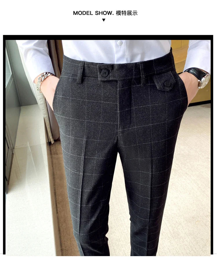Boutique Classic Plaid and Striped Fashion Men's Casual Business Slim Suit Pants Groom Wedding Dress Trousers Party