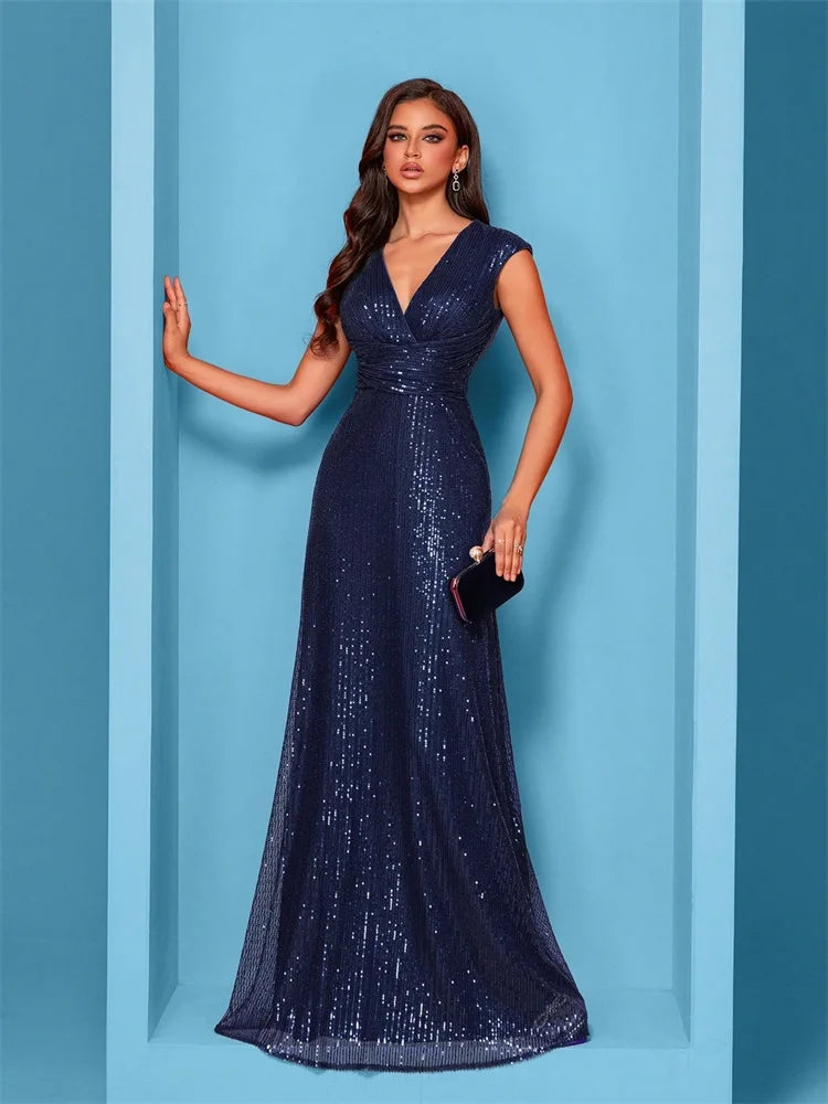 legant V Neck Silver Sequins Evening Dresses 2025 Women Sleeveless Party Maxi Mermaid Dress Long Luxury Prom Gown