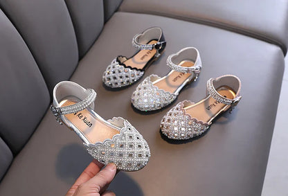 Summer Girl's Sandals Sliver Pink Diamante Luxury Hollow-out Kids Sliders Hook-loop Round Toe Glitter Stylish Children Shoe26-36